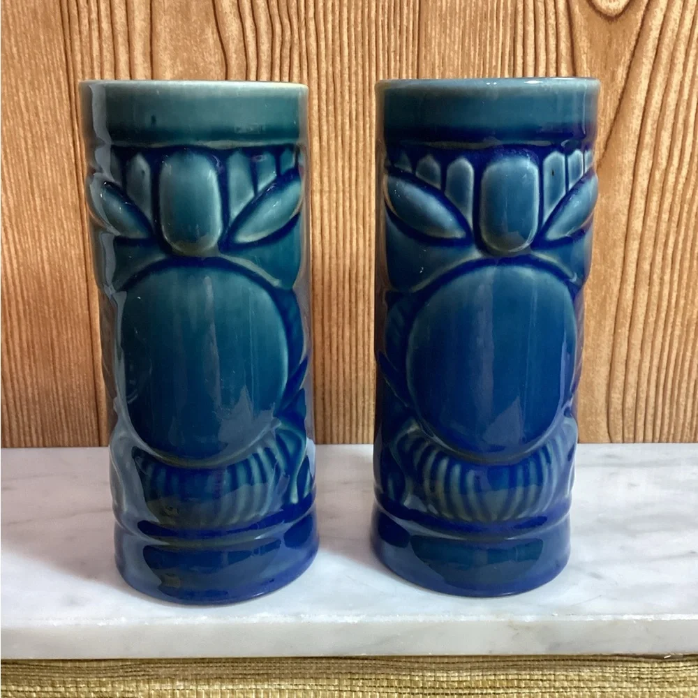 Libbey Hawaiian Deep Blue Tiki Mugs set of 2